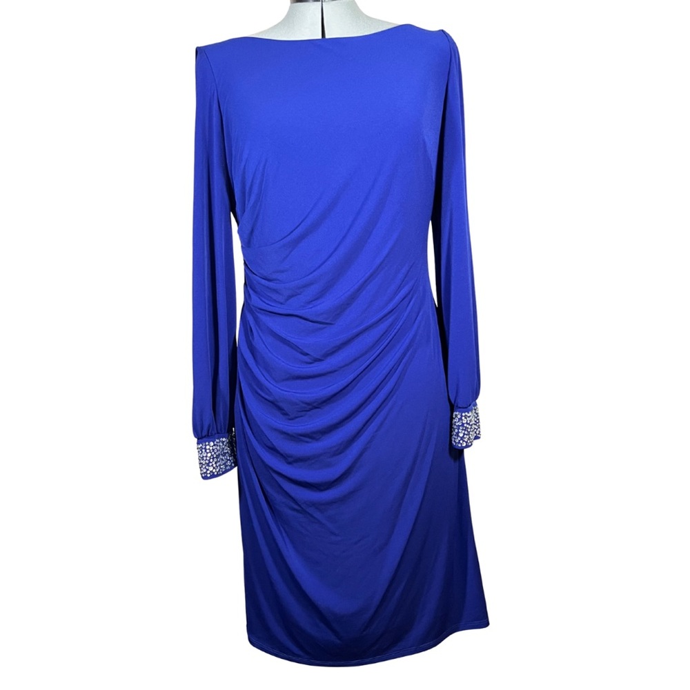 Jessica Howard Knee length blue dress rhinestone long sleeves 14